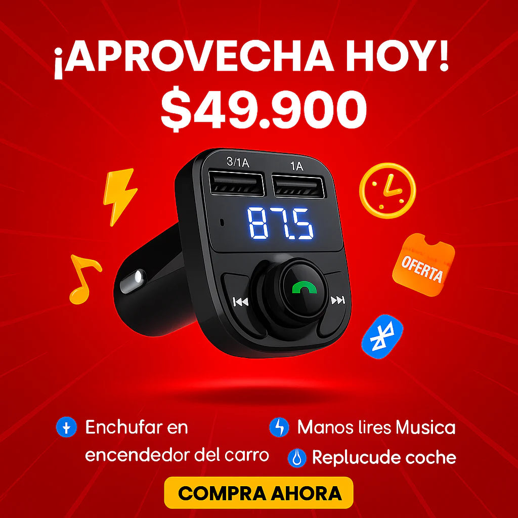Transmisor FM Bluetooth para Carro – Conecta, Reproduce y Carga