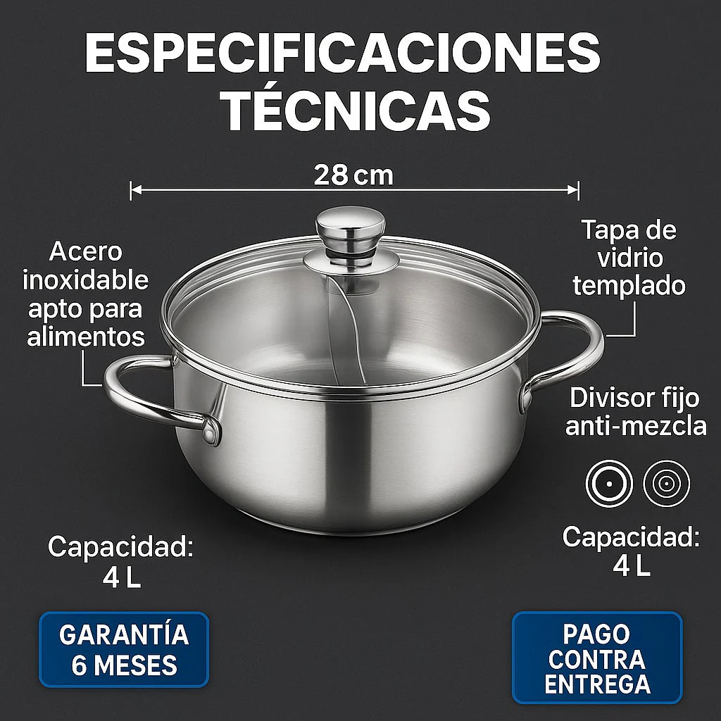 🥘Olla dos puestos de 4L-cocina dos sabores en una sola🥘