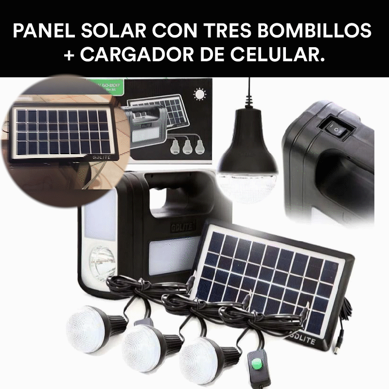 PANEL SOLAR CON TRES BOMBILLOS + CARGADOR DE CELULAR.