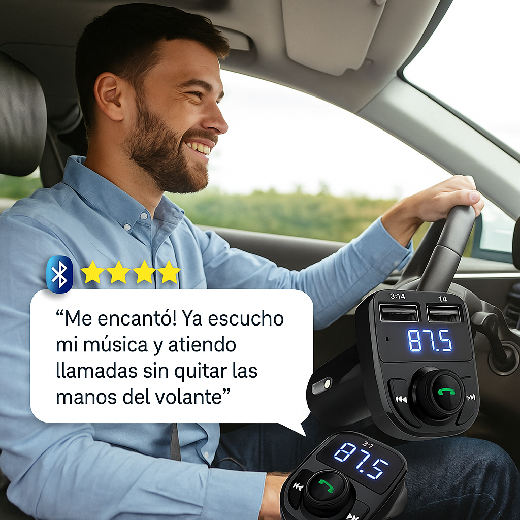 Transmisor FM Bluetooth para Carro – Conecta, Reproduce y Carga