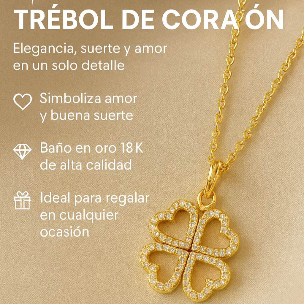 Collar trébol de corazón bañado en oro 18k