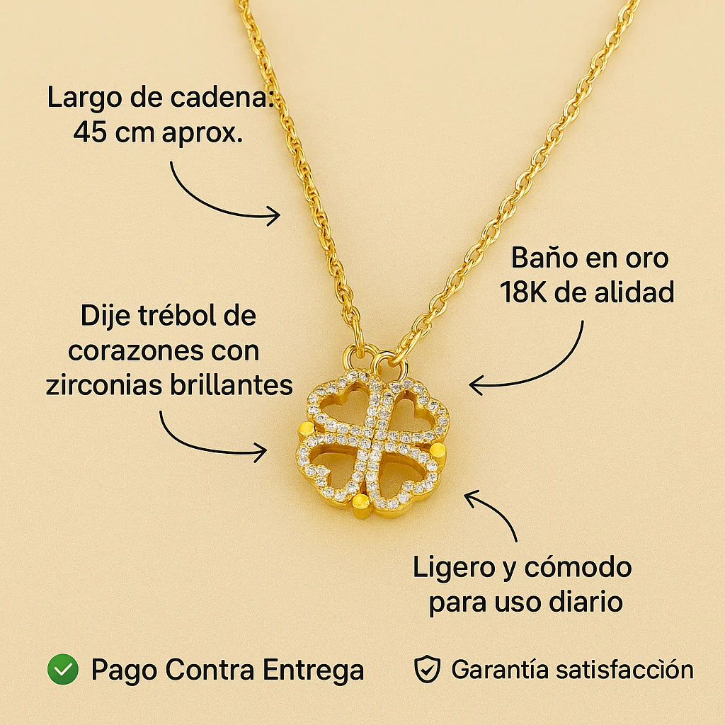 Collar trébol de corazón bañado en oro 18k