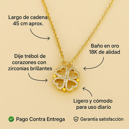 Collar trébol de corazón bañado en oro 18k