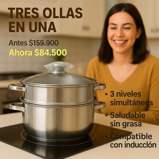 Olla vaporizadora en acero inoxidable 3 en 1