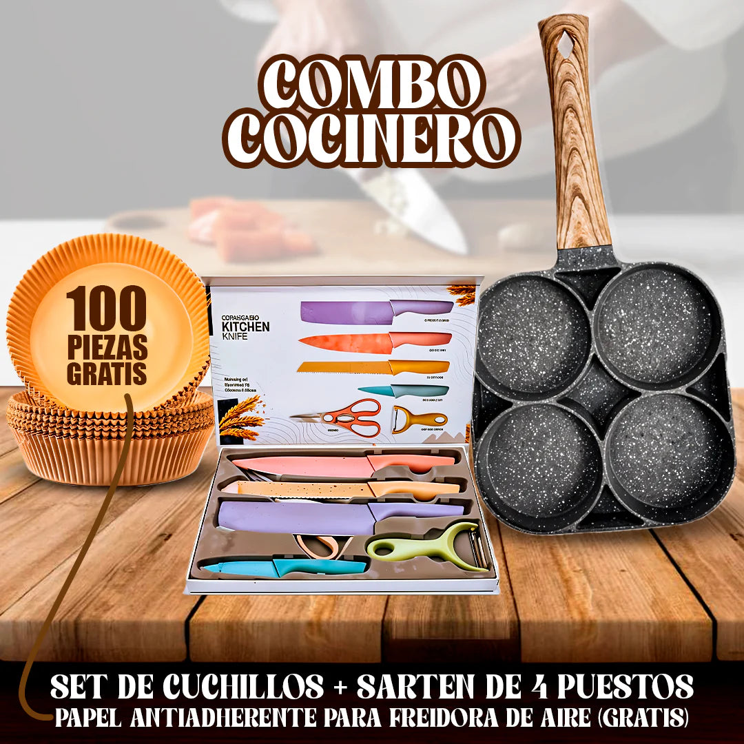 Super Combo Cocinero: Sarten 4 puestos + Set de cuchillos + OBSEQUIO De 100 papeles protectores para Freidora de aire