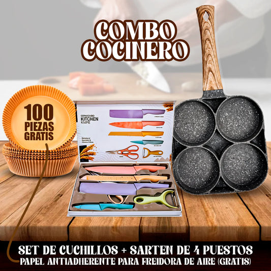 Super Combo Cocinero: Sarten 4 puestos + Set de cuchillos + OBSEQUIO De 100 papeles protectores para Freidora de aire