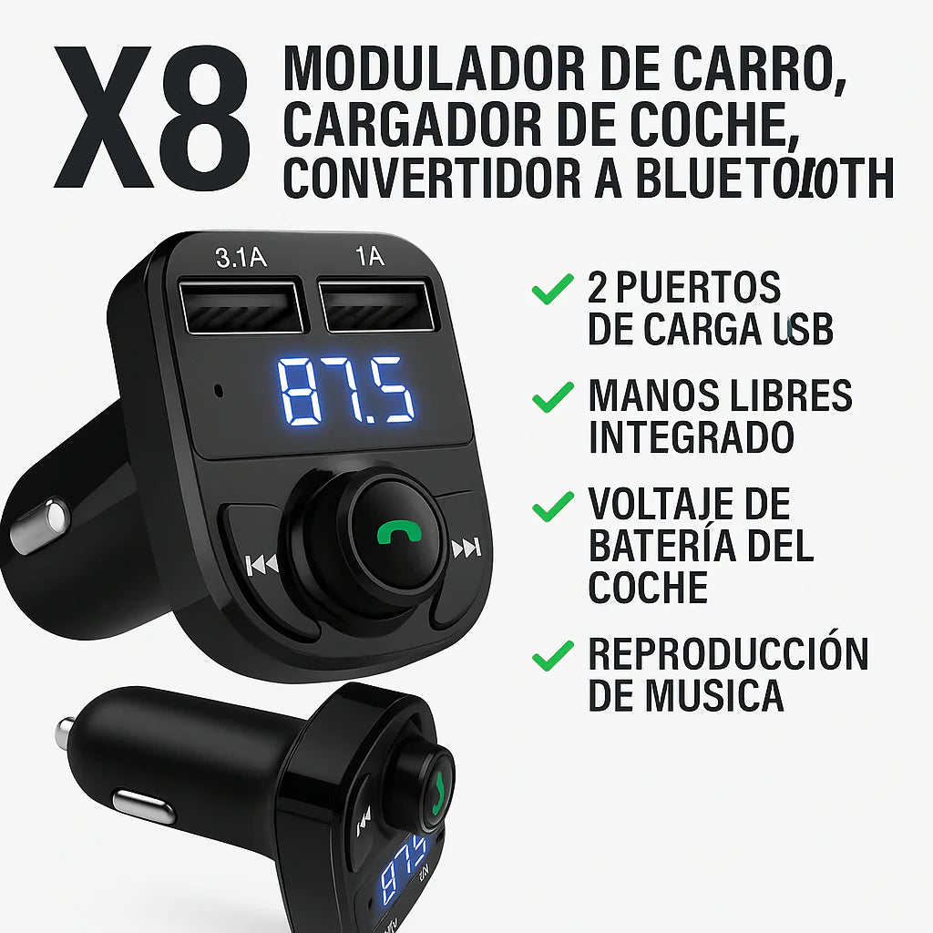 Transmisor FM Bluetooth para Carro – Conecta, Reproduce y Carga