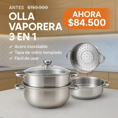 Olla vaporizadora en acero inoxidable 3 en 1